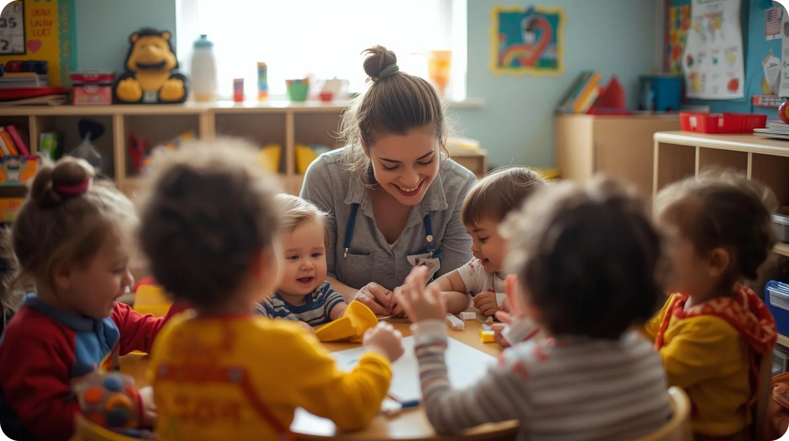 Create image with teacher infant kids in a preschool The picture should have diverse people in USA and the resolution should be X